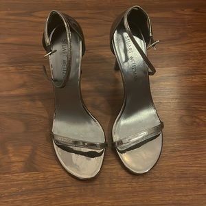 Stuart Weitzman Nudistrong Patent Leather Sandals in Pewter Glass
